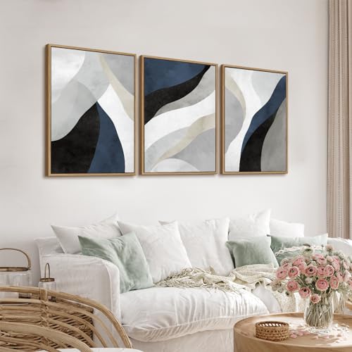 Large Abstract Framed Wall Art, Modern Blue Grey Canvas Pictures, 20"X28"X3 - color: Navy, size: 20" X 28" X 3pieces Framed