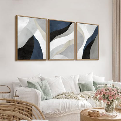Large Abstract Framed Wall Art, Modern Blue Grey Canvas Pictures, 20"X28"X3 - color: Navy, size: 20" X 28" X 3pieces Framed