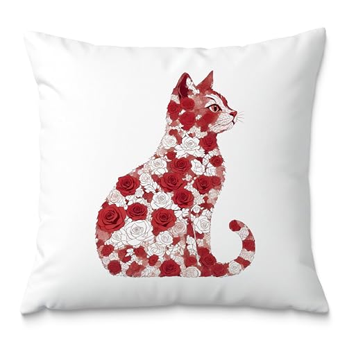 Red and White Rose Floral Cat Pillow Covers 18x18, Gifts for Cat Lovers Mom Lady Owners, Elegant Kitten Kitty Decorative Pillow Covers for Home Bedroom Living Room Decor, Pet Lover Gifts - color: Style21