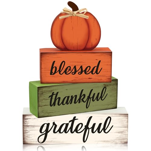 4 Pcs Fall Wooden Table Sign Fall Wooden Tiered Tray Decor Thankful Blessed Grateful Tabletop Signs Farmhouse Pumpkin Wood Blocks for Autumn Thanksgiving Harvest Home Kitchen Table Shelf Decor