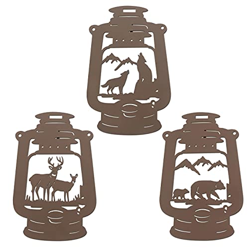 Rustic Metal Wall Art Decor, Bear Wolf Deer in the Kerosene Lamp Decor - color: Style 3