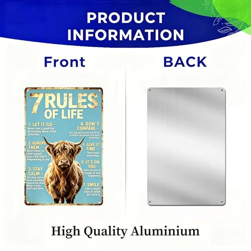 Inspirational 7 Rules Of Life Fluffy Highland Cow Design,Durable Rustproof Aluminum Wall Sign,Shabby Chic Kitchen Bedroom Accent, Uplifting Present Plaque 8x12 Inch - color: M2030-Cow1-6