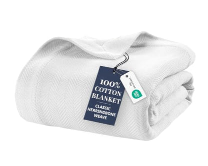 LANE LINEN King Size Blanket, 100% Cotton Textured Herringbone Weave - color: 01: White, size: King