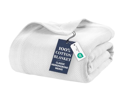 LANE LINEN Twin Blanket, 100% Cotton Textured Herringbone Weave - color: 01: White, size: Twin