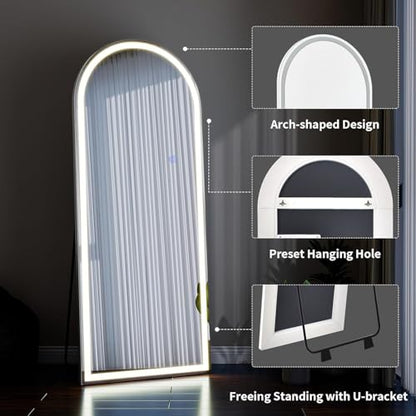 VooBang 64"x21" LED Arched Mirror Full Length with Dimmable Lights - color: White, size: 64"L x 21"W