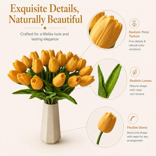 Mandy's 20 Stems Gold Artificial Tulip Flowers for Home Centerpieces - color: Gold