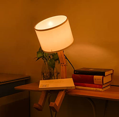 Robot Bedside Lamp, Fabric Lampshade Match Foldable Solid Wood Body, Creative E27 Screw Table Lamp for Bedroom Living Room - style: Modern