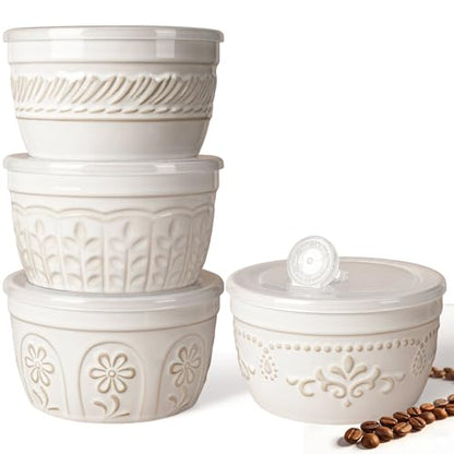 Artena Meal Prep Containers 22 OZ, 4 Pack Snack Containers, Reusable Food Storage Containers With Lids For Soup Yogurt Oatmeal Lunch Breakfast, Ceramic Cereal Bowls (White, Multiple Patterns) - size: 5.15 inch (Multiple Patterns, White)