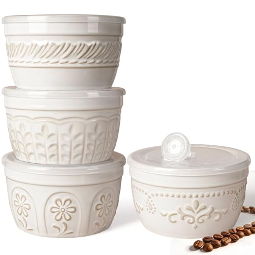 Artena Meal Prep Containers 22 OZ, 4 Pack Snack Containers, Reusable Food Storage Containers With Lids For Soup Yogurt Oatmeal Lunch Breakfast, Ceramic Cereal Bowls (White, Multiple Patterns) - size: 5.15 inch (Multiple Patterns, White)
