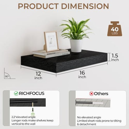 RICHFOCUS Bathroom Floating Shelves for Wall 2Pack|Black|16" L - color: Black, size: 16"L x 11.6"D, Set of 2