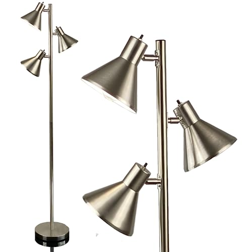 LIGHTACCENTS Tree Floor Lamp, Brushed Nickel - Modern Pole Lamp with 3 Adjustable Reading Lights - 64 inch Stand Lamp for Living Room, Bedroom, Dorm Room - color: Brushed Nickel