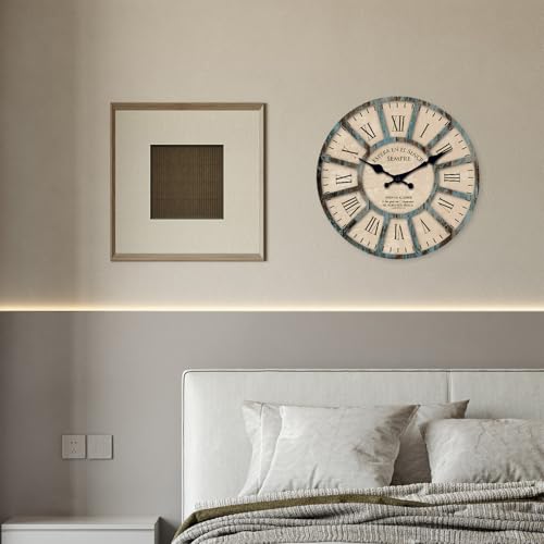 Rustic Wooden Silent Wall Clock Battery Operated 14 Inch - color: Blue1, size: 14 Inch