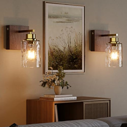 Hammered Glass Battery Operated Wall Sconces Set of Two Gold & Walnut | Dimmable Rechargeable Wall Lights with Remote Timer, Easy Install Lamp for Living Room Bedroom, Emergency 3000K - color: Gold Walnut(Clear Hammered Lampshades)