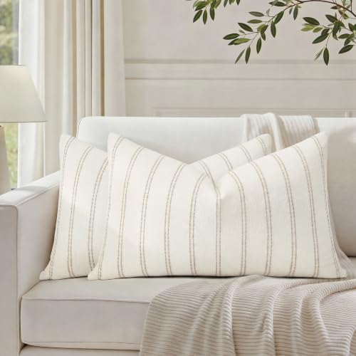 HOMEIDEAS Decorative Cream Throw Pillow Covers 20x12 Set of 2 - color: Cream Striped, size: 20" x 12" (Pack of 2)