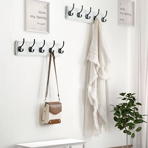 Dseap Coat Rack Wall: Patented, Heavy-Duty, 5-Double-Hooks Wooden Wall Mounted Coat Rack Coat Hanger Hook Rail for Winter Coats Hat Jacket Clothing, White & Black, Pack of 2 - color: White & Black, size: L=17.4" (2pcs)