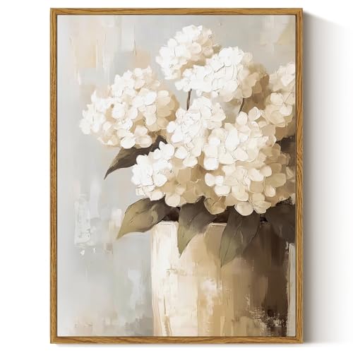 ARPEOTCY Vintage Framed Canvas Wall Art, Retro White Hydrangeas Wall Decor, Farmhouse Floral Painting Canvas Wall Art for Living Room, Bathroom, Bedroom Aesthetic(12 x 16 Inch) - color: White Hydrangea, size: 16"L x 12"W