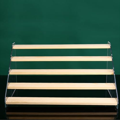 5 Tier Acrylic Wooden Display Stand, Clear Acrylic Display Riser Shelf Wood Tiered Display Shelf Rack Step Ladder Riser Stands for Cupcakes Perfumes Figures Collectibles