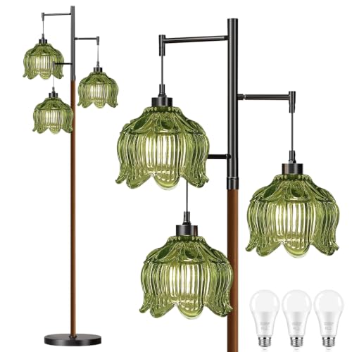 QIYIZM Glass Floor Lamp for Living Room,Bedroom,Stained Green Mid Century Modern Standing Lamp Wood Tree 3 Light Tall Floor Lamps Vintage Retro Black Floor Lights Flower LampShade Boho Bohemian - size: Floor Lamp--31