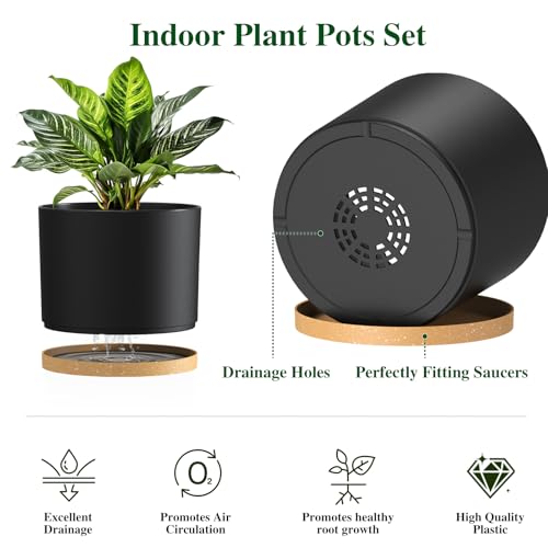 Plant Pots, 10/9/8 Inch 3 Pack Cylindrical Flower Pots with Drainage Holes and Saucers, Plastic Planters for Outdoor Indoor Plants,Black - color: Black