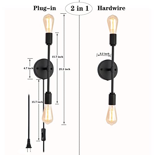Black 2 Light Plug in Wall Sconce Set of 2 for Bathroom Farmhouse