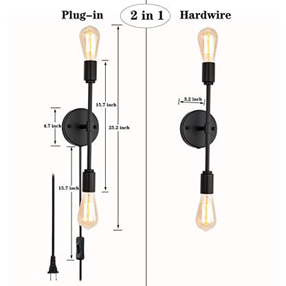Black 2 Light Plug in Wall Sconce Set of 2 for Bathroom Farmhouse