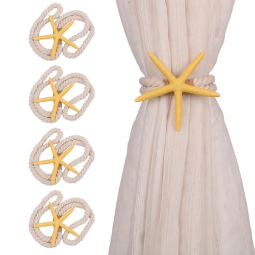 4PCS Starfish Curtain Tiebacks - Hand-Woven Rope Tiebacks for Indoor & Outdoor Decor, Perfect for Coastal Bedroom Curtains & Living Room Window Decor (Yellow) - color: Yellow