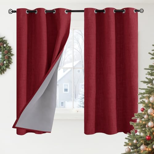 YoungsTex Burgundy Linen Blackout Curtains 40 Inches Long, Short Thermal Insulated Drapes with Grommet Darkening for Bedroom Window, 2 Panels, 42 X 40 Inch - color: Burgundy, size: 42"W x 40"L (Pack of 2)