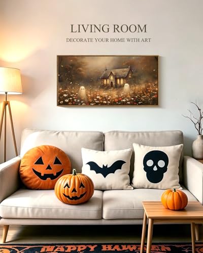 ARPEOTCY Vintage Halloween Wall Art Decor, White Ghost Wildflower Fall Picture, Autumn Cottage Core Decor for Living Room Fireplace Bedroom, Large Framed Cavas Art, 40x20in - color: Ghost Wildflower, size: 40"L x 20"W