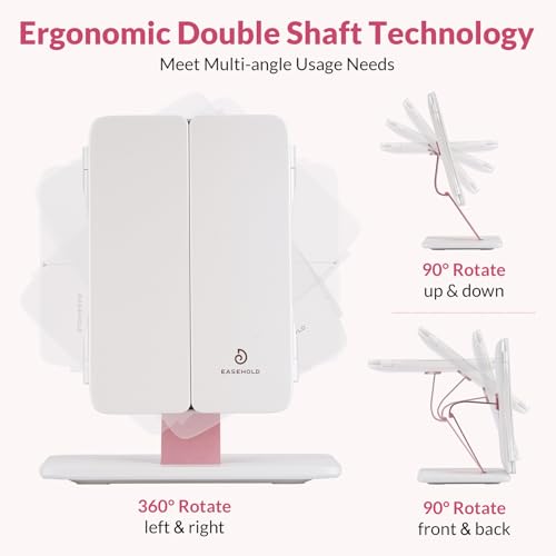 EASEHOLD Foldable Travel Tri fold Lighted Makeup Vanity Mirror with Lights - color: White-3000 Mah Rechargeable Trifold Foldable