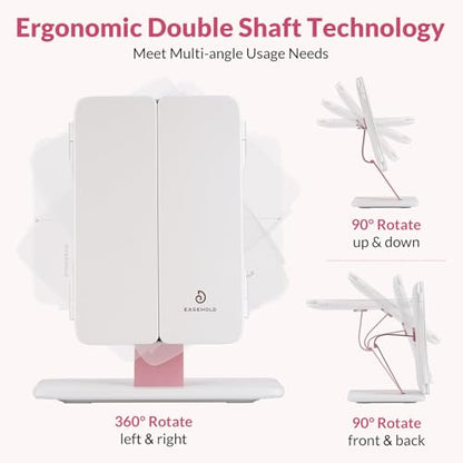 EASEHOLD Foldable Travel Tri fold Lighted Makeup Vanity Mirror with Lights - color: White-3000 Mah Rechargeable Trifold Foldable
