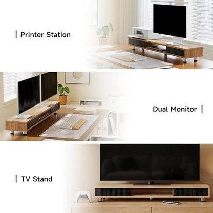 Fenge Dual Monitor Stand with Storage, Desk Shelf with Glass Sliding Door - color: Dark Oak