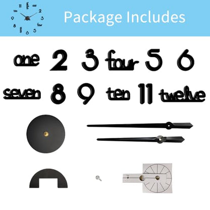 Large Modern Art Deco Wall Clock Silent Acrylic Unique Decorative Wall Clocks for Living Room Bedroom Home Office Hotel Classroom (Black)
