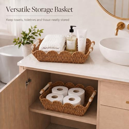 Coeusy Set of 2 Paper Rope Scalloped Baskets, Cute Wicker Basket Natural - color: Neutral