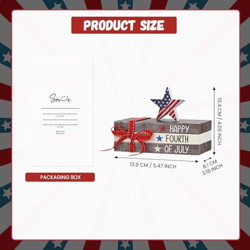 Smile Happy 4th of July Wooden Block Stack with Patriotic Star Decor, Tiered Tray Tabletop Sign for Independence Day Decorations - style: Star