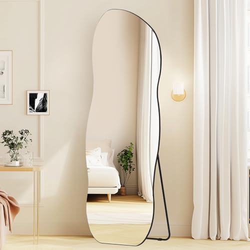 QDSSDECO Full Length Mirror Irregular Wavy Mirror with Stand, Frameless - color: Wave With Bracket
