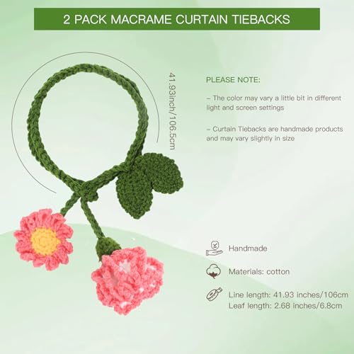 2 Pack Boho Handmade Flower Curtain Tiebacks & Holdbacks, Carnations - color: Pink Carnations