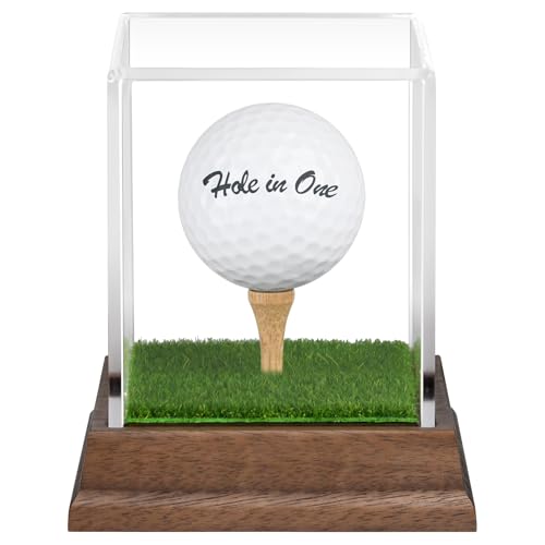 Golf Ball Display Case Hole in One Golf Ball Display Case Holder Wanult Wood Base Acrylic Golf Ball Holder Stand Lifelike Turf Wood Tee Memorabilia Showcase Square Cube Box Stand Golf Gifts Decor