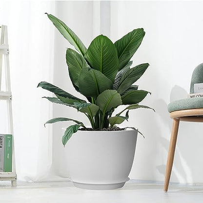 UOUZ 12inch Large Plant Pot, Modern Plastic Planter with High Driange Holes and Saucer for Indoor Outdoor Garden Plants and Flowers, White - color: White