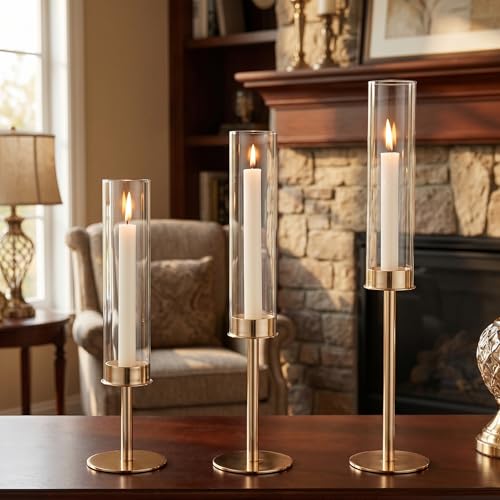 Gold Hurricane Candle Holders Set of 3, Tall Metal Windproof Glass Taper Candle Holder for Candelabra Centerpieces for Dining Table, Wedding, Party & Fireplace Mantel Decor