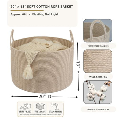 XUANGUO 66L Large Blanket Basket, Round Cotton Rope Basket, Oatmeal - color: Oatmeal