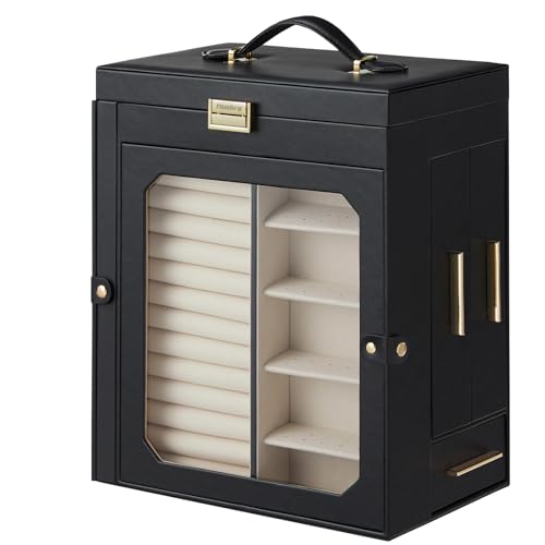 HOOBRO Jewelry Box with Mirror, Travel Jewelry Organizer with Glass Window - color: Black + Gold