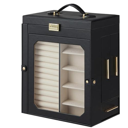 HOOBRO Jewelry Box with Mirror, Travel Jewelry Organizer with Glass Window - color: Black + Gold