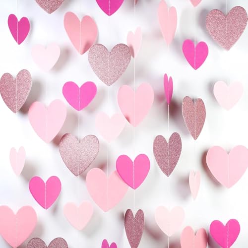 Pink-Rose Heart-Garland Streamer Party Decorations - 56Ft Valentine Happy Birthday Banner Decorations for Girls Women Backdrop Bridal Baby Shower Bachelorette Galentines Day Decor Garsellen - color: Pink Heart