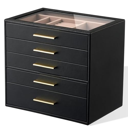 Jewelry Box Organizer Storage Case, 5-Layer with Glass Window, Black - color: Black, size: 5 layer