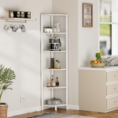 Furnulem 6 Tier Corner Shelf with LED Light, 67.5" White Narrow Bookshelf - color: White