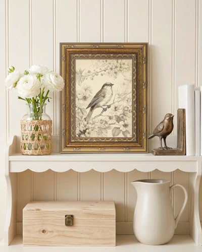Gold Framed Vintage Bird Canvas Wall Art 8"x10" Botanical Bird Canvas Print - color: Flowers and birds, size: 10"L x 8"W
