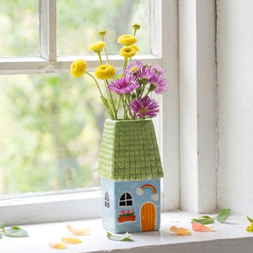 Remerry Mini Ceramic House Shape Vase Decorative Small Bud Vases, Green - color: Green