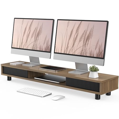 Fenge Dual Monitor Stand with Storage, Desk Shelf with Glass Sliding Door - color: Brown