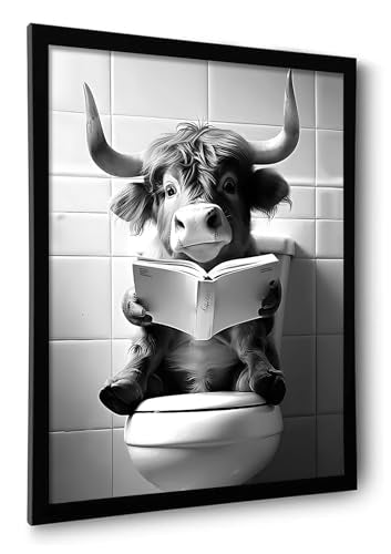 OIQArtOIQ Funny Bathroom Framed Wall Art Black and White Animal Canvas Wall Art Prints Highland Cow Reading Pictures Wall Decor Modern Minimalist Humorous Artwork For Restroom - color: Highland Cow, size: 12x16 in