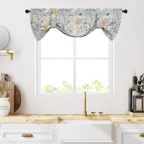 Leeva Grey Floral Tie-Up Valance, Linen Textured, 52 x 18, 1 Panel - color: *M11, size: 52"W x 18"L (Pack of 1, Tie Up)